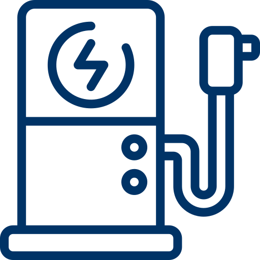 EV Charger Installatio Electric vehicle charging station icon, blue outline.